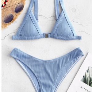 Silk Blue- Ribbed Front Closure Bikini Set